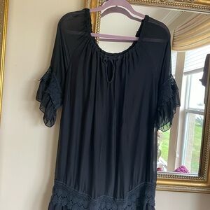 Fantastic Black Poly Lined Crochet Detail Tie Neckline Pullover Mini Dress M/L